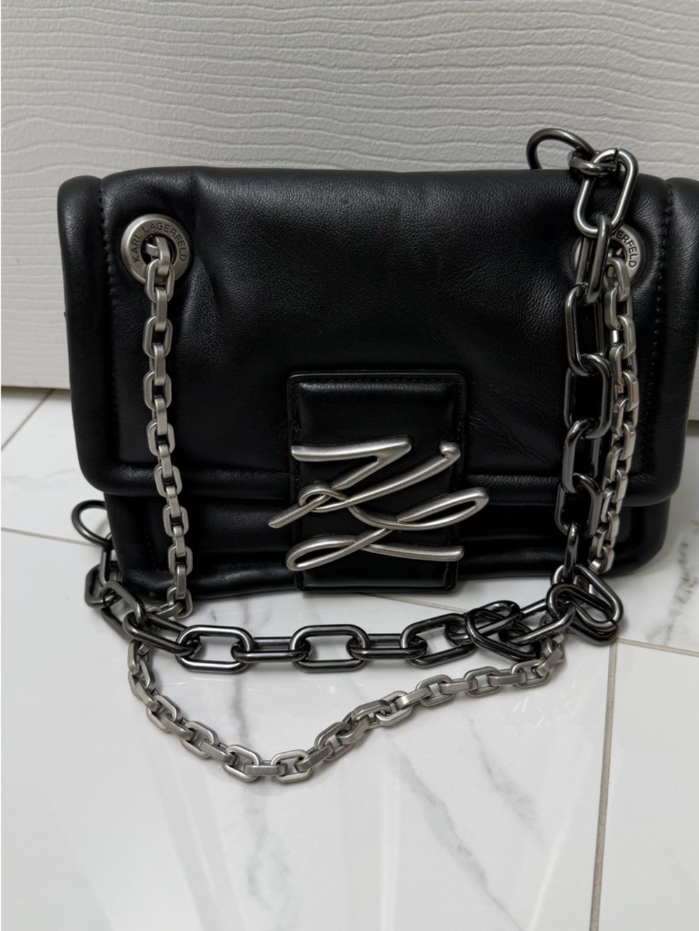 Karl Lagerfeld Black Leather Shoulder Bag with Silver Chain Detail